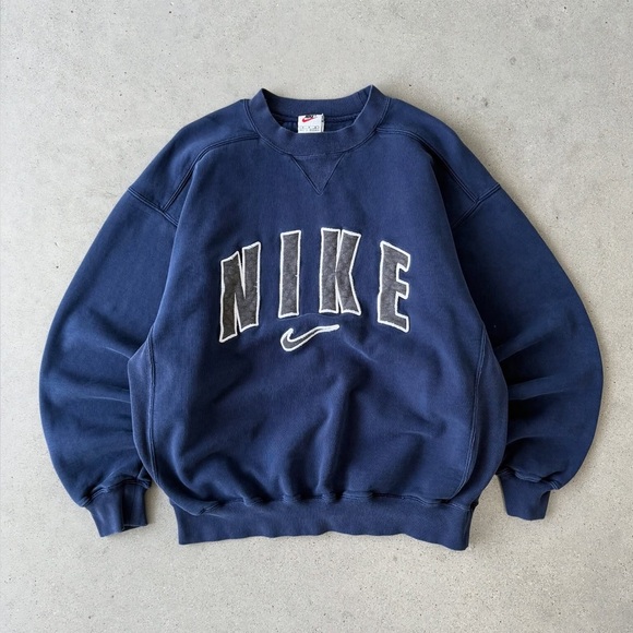 🫐 Vintage 1990s Nike Spell-Out Sweatshirt Nike Men's Navy Blue Crewneck Sweater